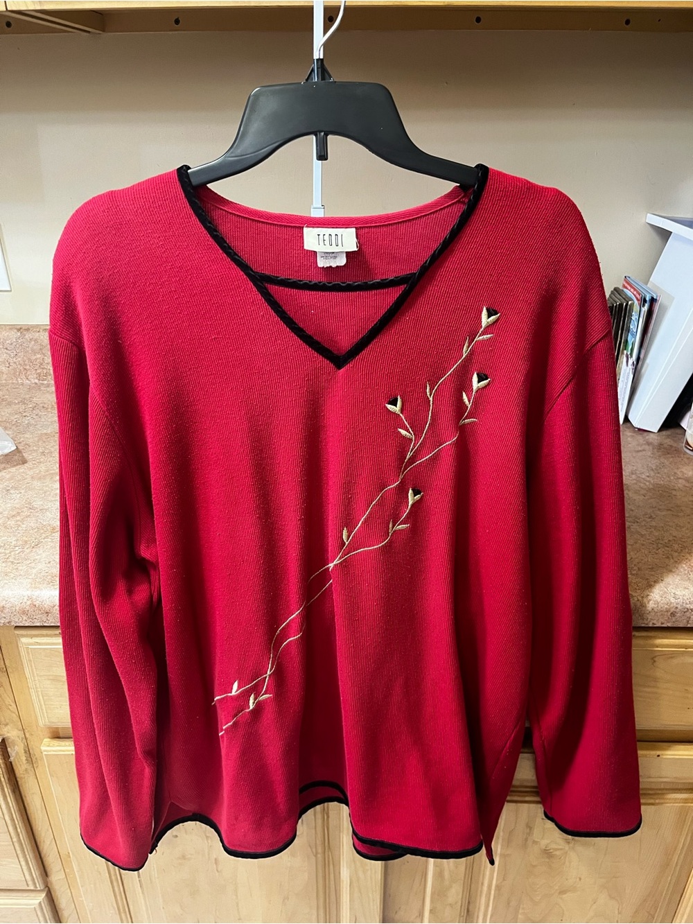 Teddi Crimson V-Neck Sweater with Vine Embroidery